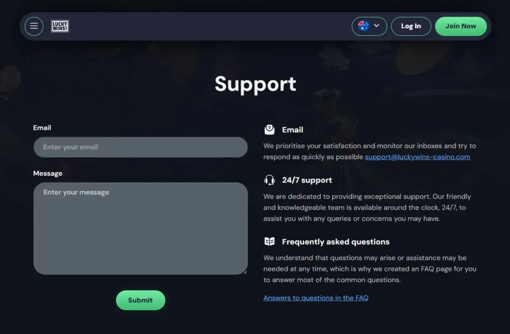 Support Page at LuckyWins